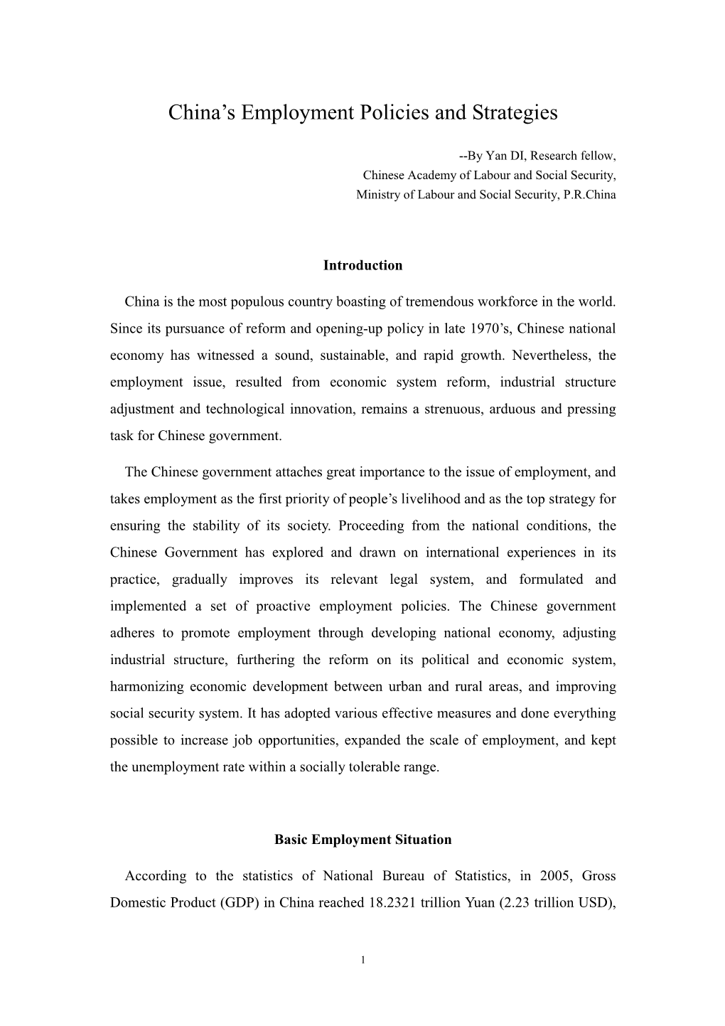 China's Employment Policies and Strategies