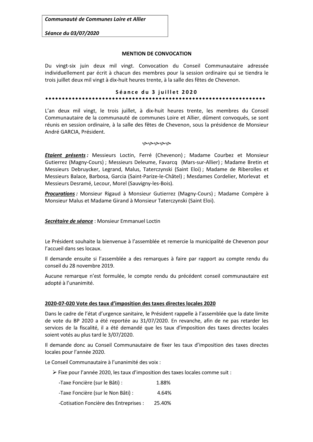 Communauté De Communes Loire Et Allier Séance Du 03/07/2020