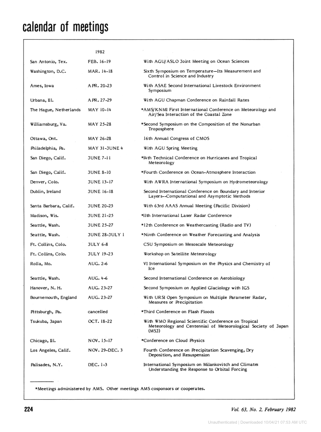 Calendar of Meetings