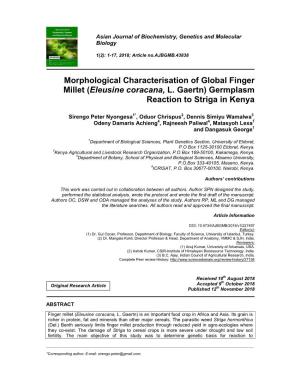 Morphological Characterisation of Global Finger Millet (Eleusine Coracana, L