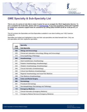 GME Specialty & Sub-Specialty List