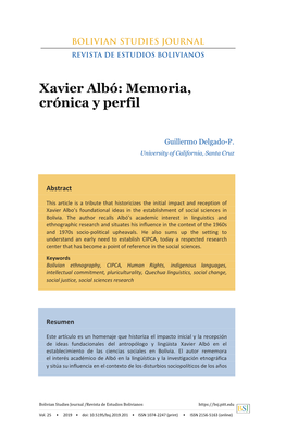 Xavier Albó: Memoria, Crónica Y Perfil