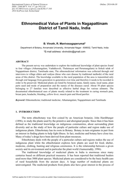 Ethnomedical Value of Plants in Nagapattinam District of Tamil Nadu, India