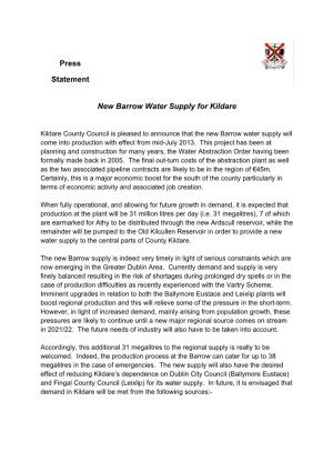 Press Statement New Barrow Water Supply for Kildare