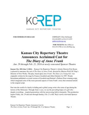 Kansas City Repertory Theatre Announces Acclaimed Cast for the Diary of Anne Frank Jan
