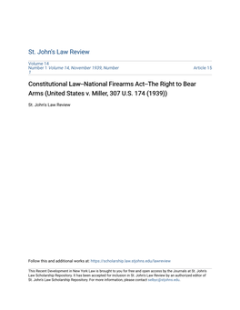 Constitutional Law--National Firearms Act--The Right to Bear Arms (United States V