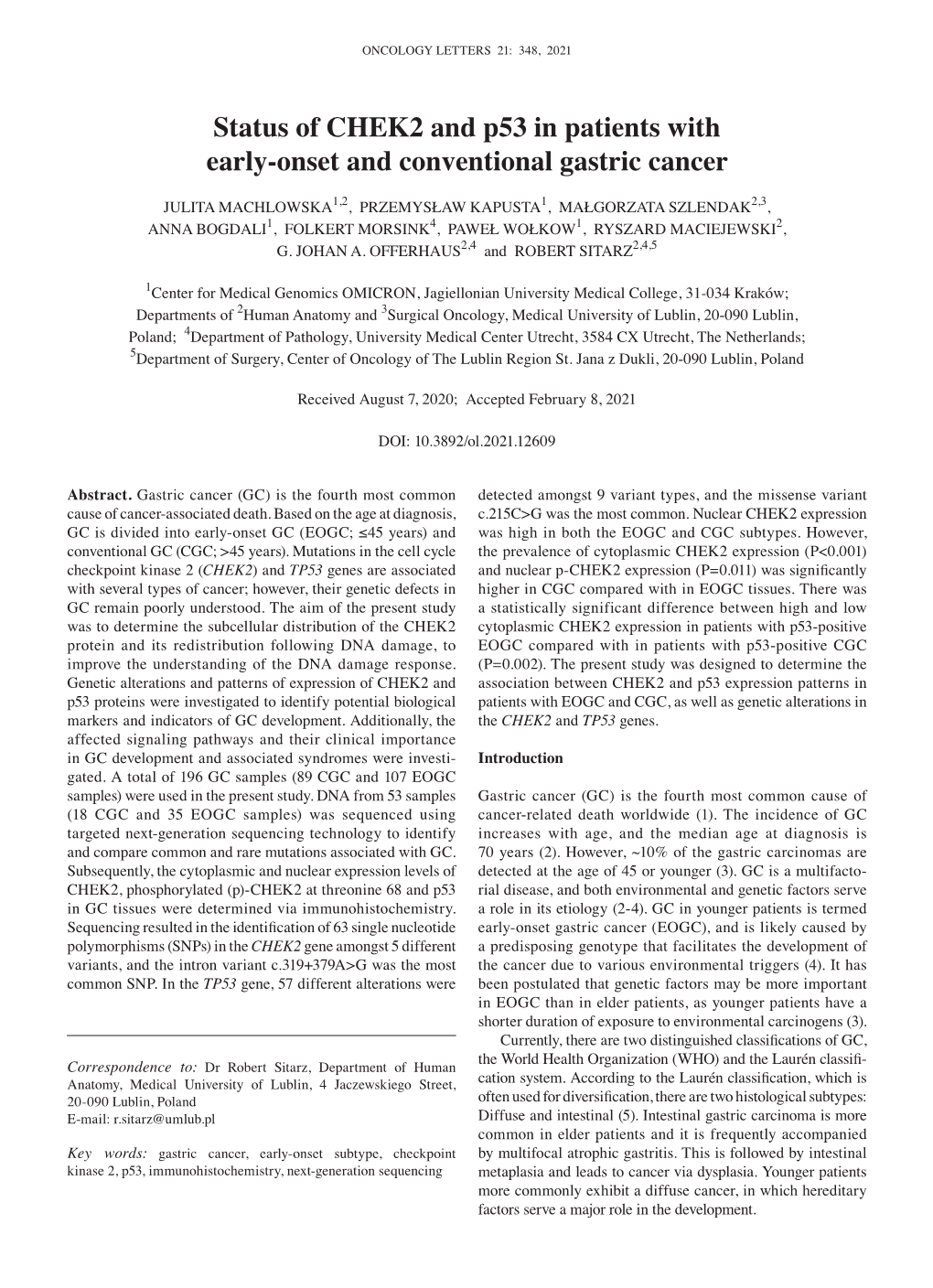 Status of CHEK2 and P53 in Patients with Early‑Onset and Conventional Gastric Cancer