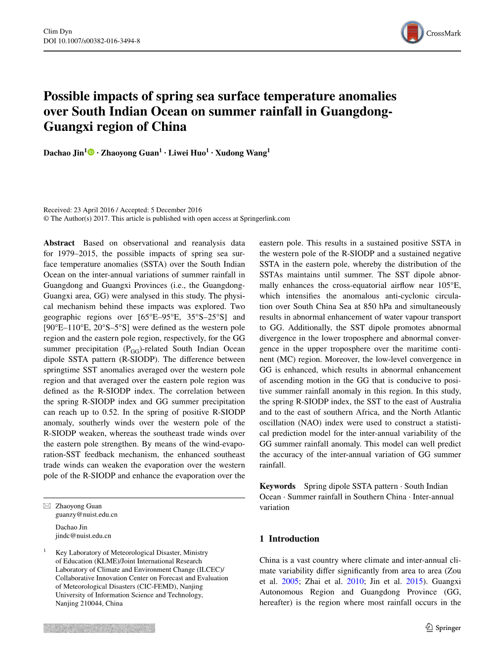 Possible Impacts of Spring Sea Surface Temperature Anomalies Over South Indian Ocean on Summer Rainfall in Guangdong- Guangxi Region of China