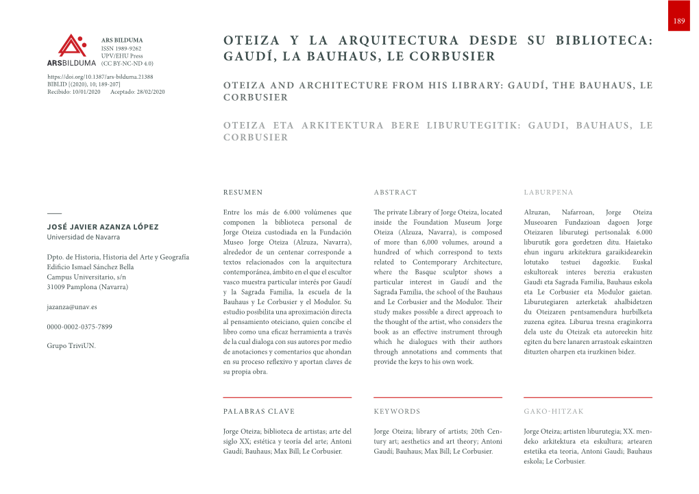 Oteiza Y La Arquitectura Desde Su Biblioteca: Gaudí, La Bauhaus, Le Corbusier Arsbilduma José Javier Azanza López