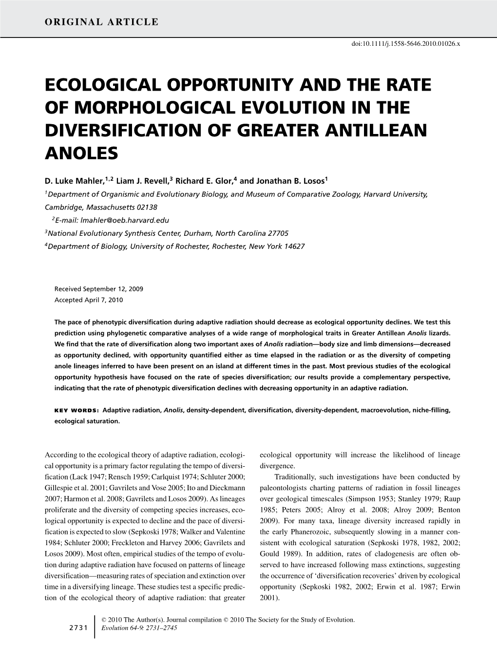 Ecological Opportunity and the Rate of Morphological Evolution in the Diversification of Greater Antillean Anoles