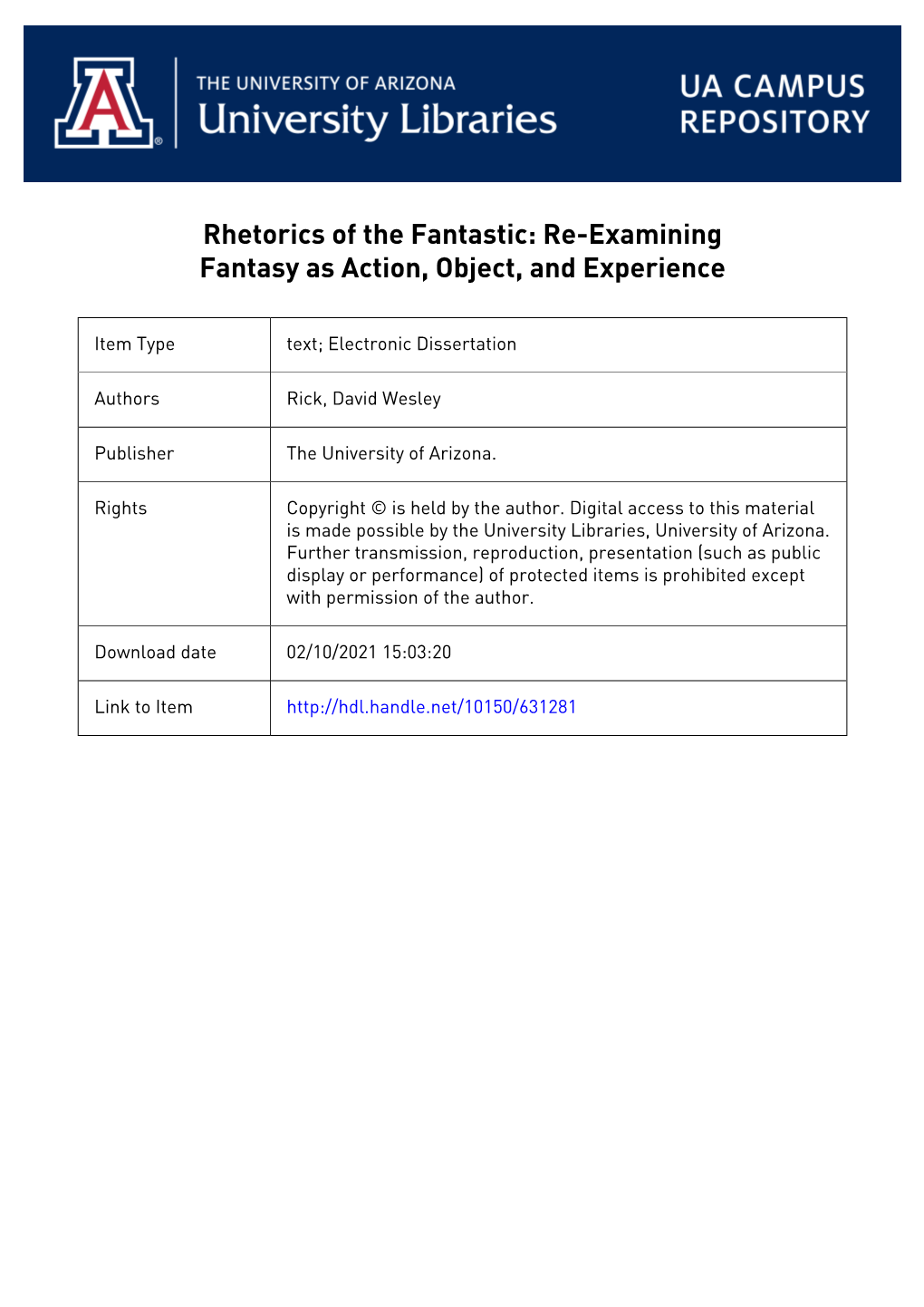 Rhetorics of the Fantastic: Re-Examining Fantasy As Action, Object, and Experience