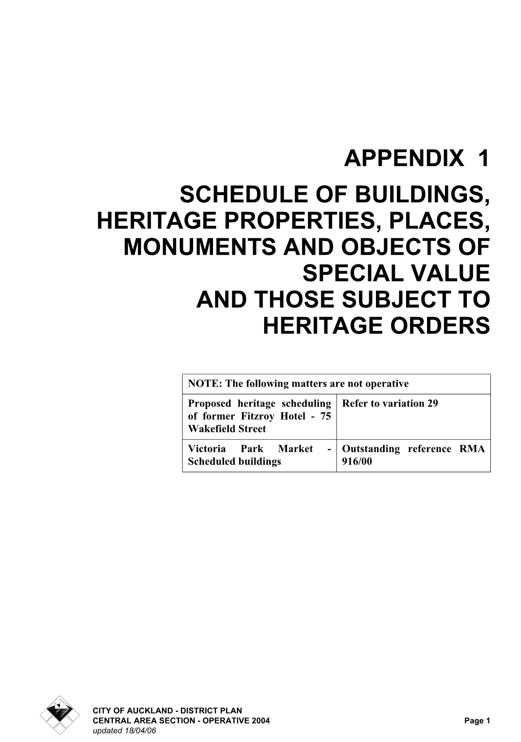 Appendix 1 Schedule of Buildings, Heritage Properties, Places, Monuments and Objects of Special Value and Those Subject to Heritage Orders