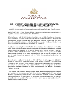 Rich Stoddart Named Ceo of Leo Burnett Worldwide; Tom Bernardin Moves to Chairman Role