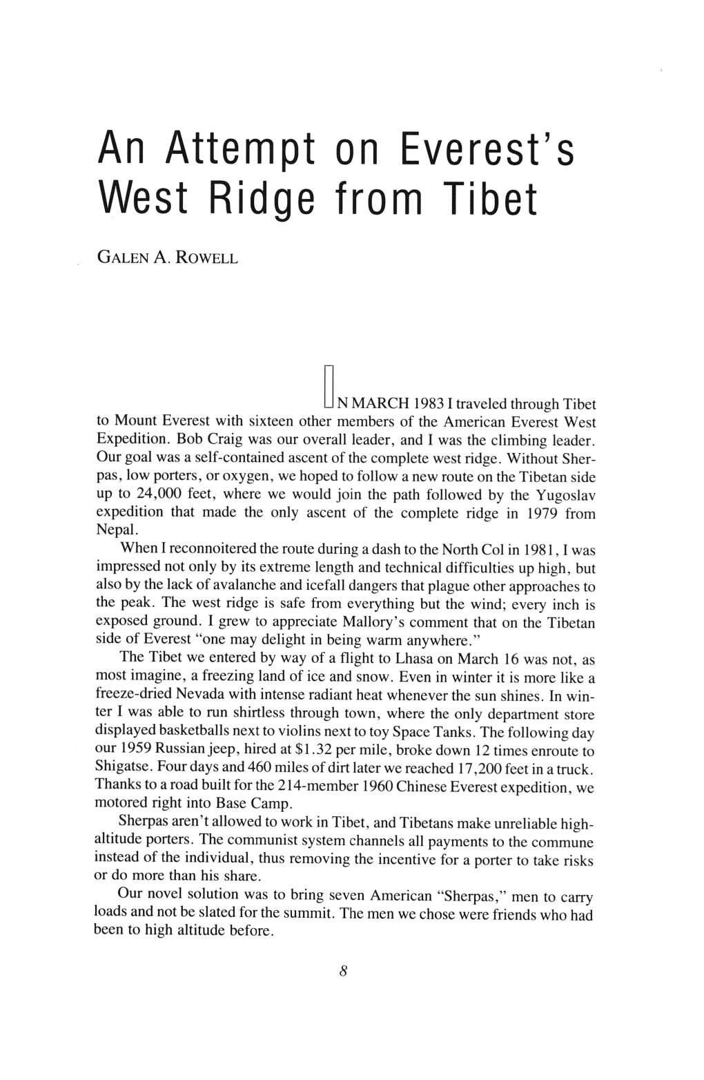 An Attempt on Everest's West Ridge from Tibet