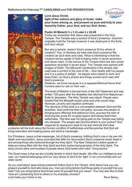 Reflections for February 7Th CANDLEMAS and the PRESENTATION