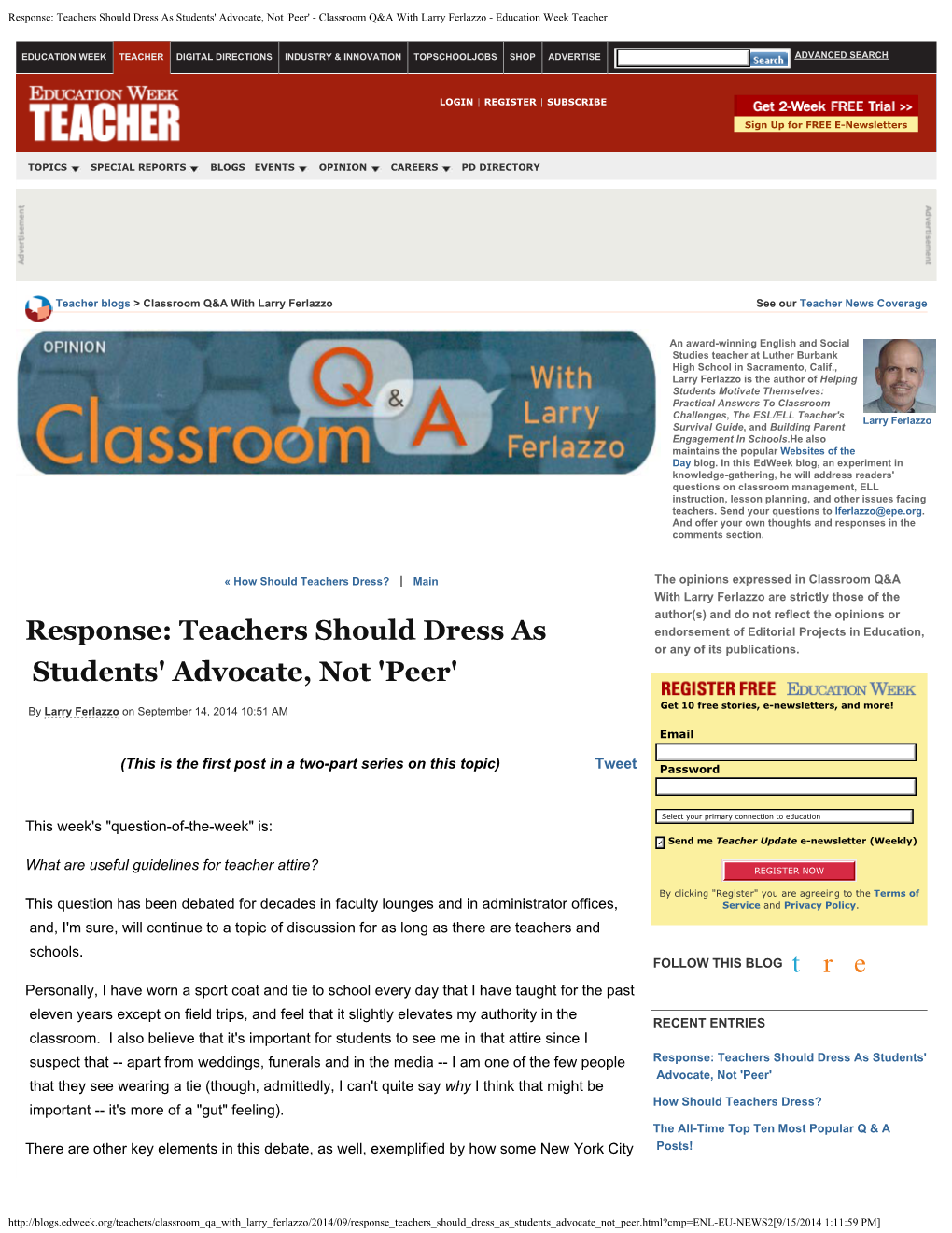 Teachers Should Dress As Students' Advocate, Not 'Peer' - Classroom Q&A with Larry Ferlazzo - Education Week Teacher