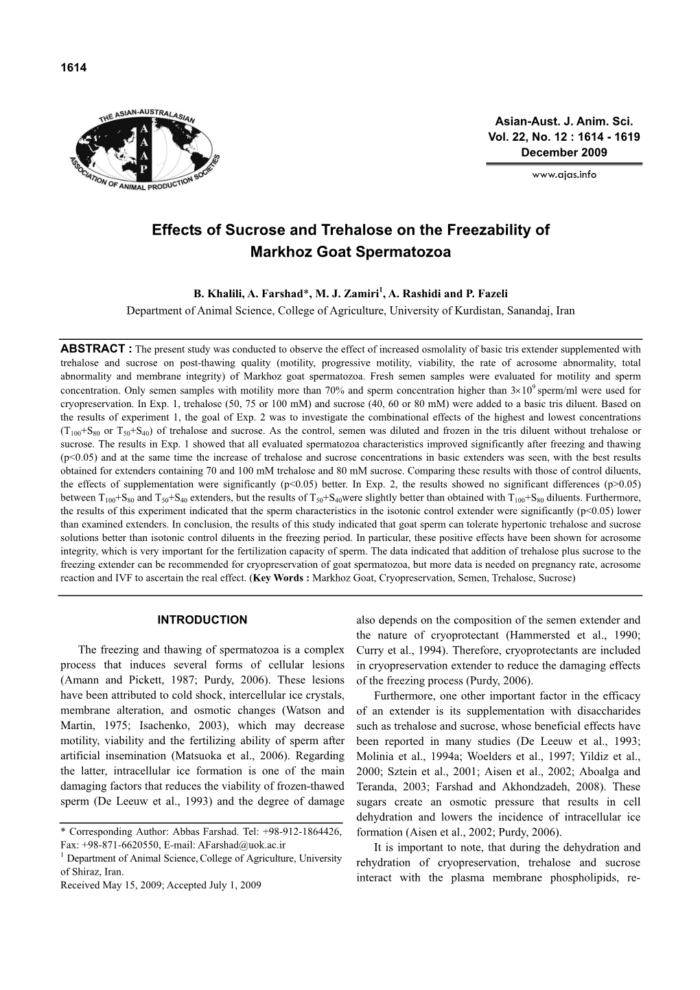 Effects of Sucrose and Trehalose on the Freezability of Markhoz Goat Spermatozoa