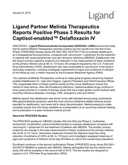 Ligand Partner Melinta Therapeutics Reports Positive Phase 3 Results for Captisol-Enabled™ Delafloxacin IV