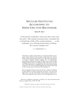 Secular Institutes According to Hans Urs Von Balthasar