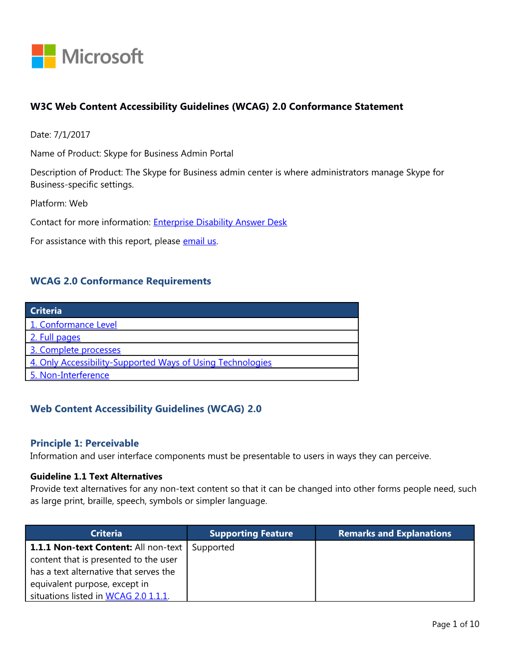 W3C Web Content Accessibility Guidelines (WCAG) 2.0 Conformance Statement Date: 7/1/2017