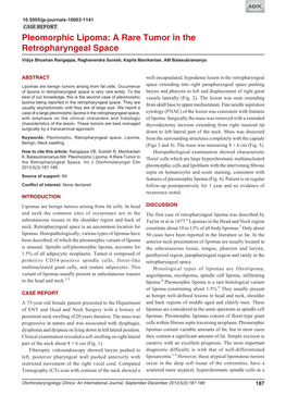 Pleomorphic Lipoma: a Rare Tumor in the Retropharyngeal Space Pleomorphic Lipoma: a Rare Tumor in the Retropharyngeal Space