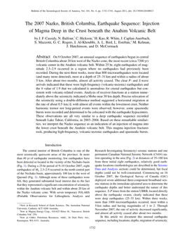 The 2007 Nazko, British Columbia, Earthquake Sequence: Injection of Magma Deep in the Crust Beneath the Anahim Volcanic Belt by J