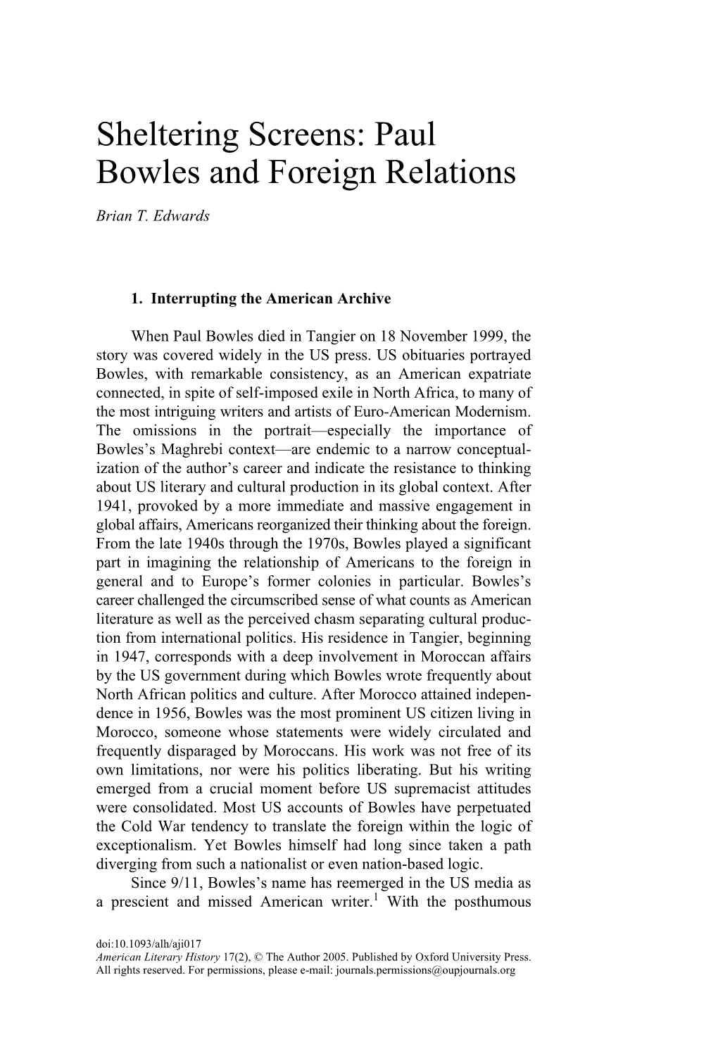 Sheltering Screens: Paul Bowles and Foreign Relations