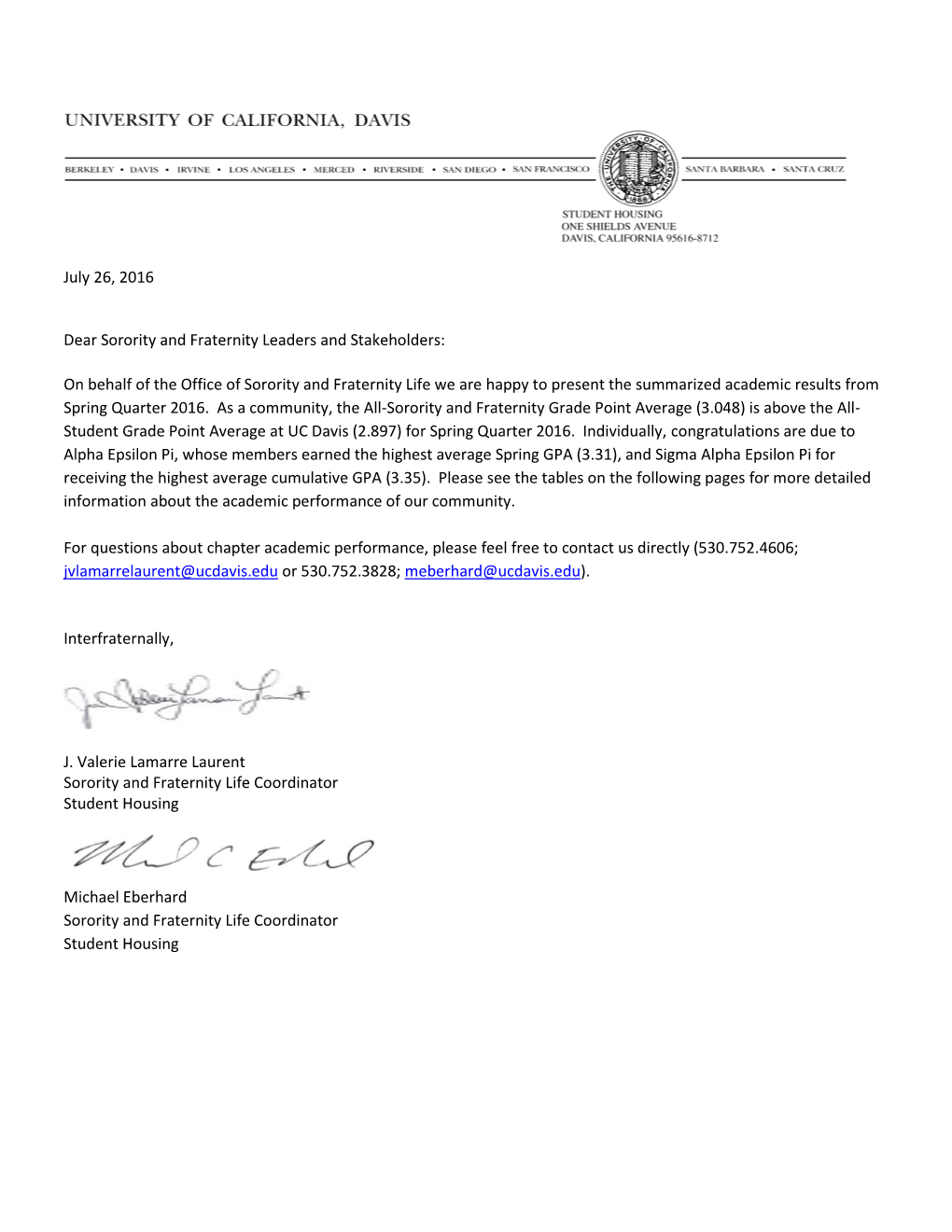 On Behalf of the Office of Sorority and Fraternity Life We Are Happy to Present the Summarized Academic Results from Spring Quarter 2016