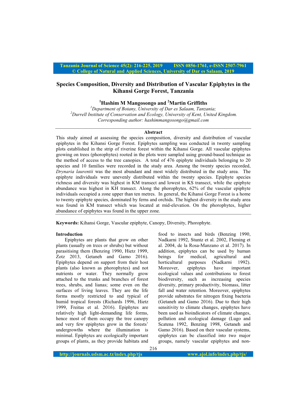 Species Composition, Diversity and Distribution of Vascular Epiphytes in the Kihansi Gorge Forest, Tanzania