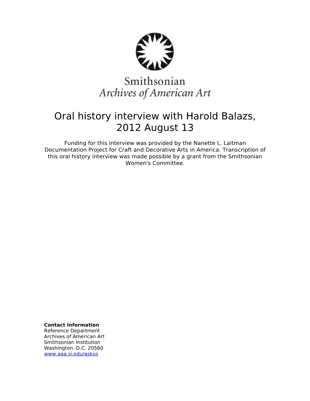 Oral History Interview with Harold Balazs, 2012 August 13