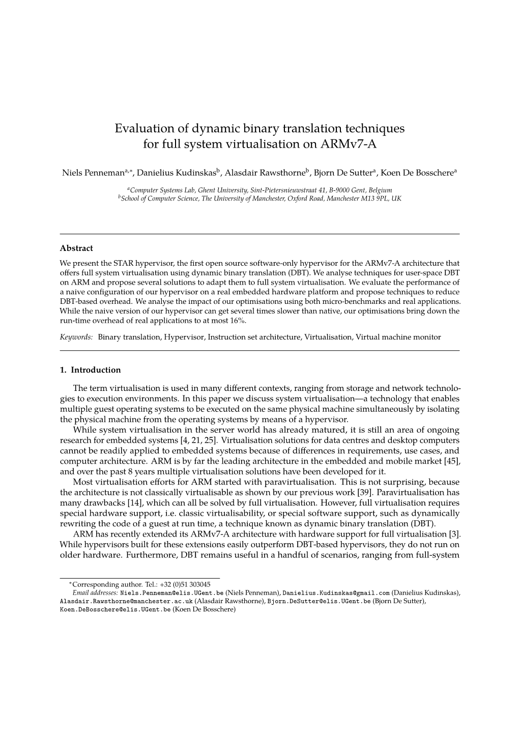 Evaluation of Dynamic Binary Translation Techniques for Full System Virtualisation on Armv7-A