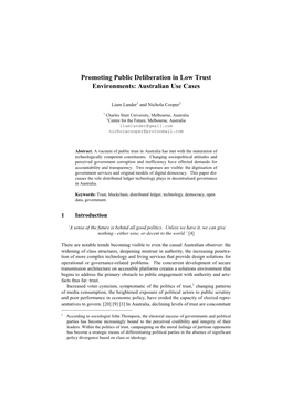 Promoting Public Deliberation in Low Trust Environments: Australian Use Cases