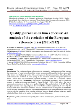 Quality Journalism in Times of Crisis: an Analysis of the Evolution of the European Reference Press (2001- 2012)”
