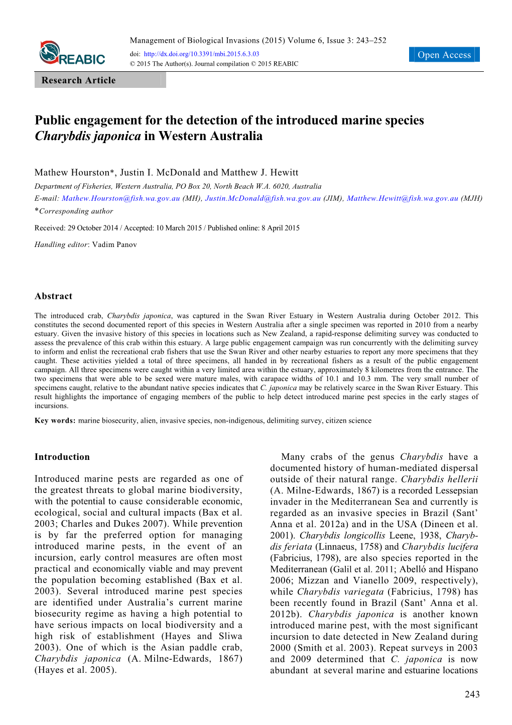 Public Engagement for the Detection of the Introduced Marine Species Charybdis Japonica in Western Australia