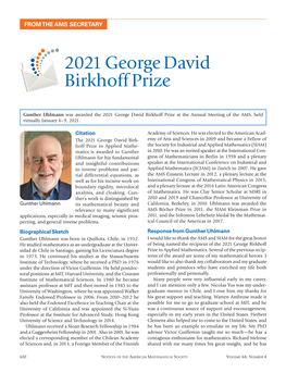 2021 George David Birkhoff Prize
