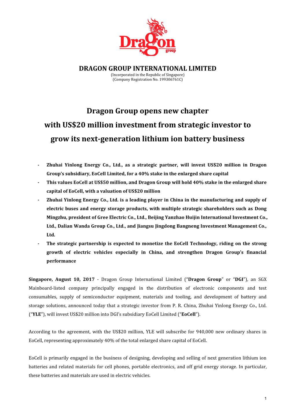 Dragon Group Opens New Chapter with US$20 Million Investment from Strategic Investor to Grow Its Next-Generation Lithium Ion Battery Business