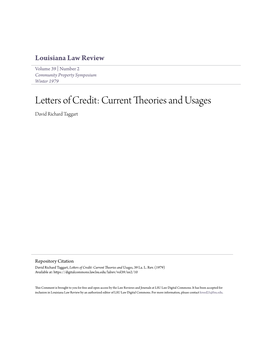 Letters of Credit: Current Theories and Usages David Richard Taggart