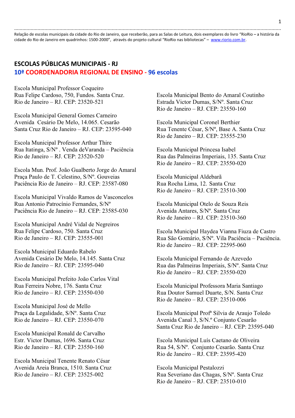 RJ 10ª COORDENADORIA REGIONAL DE ENSINO - 96 Escolas