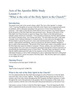 Acts of the Apostles Bible Study Lesson # 1 “What Is the Role of the Holy Spirit in the Church?”