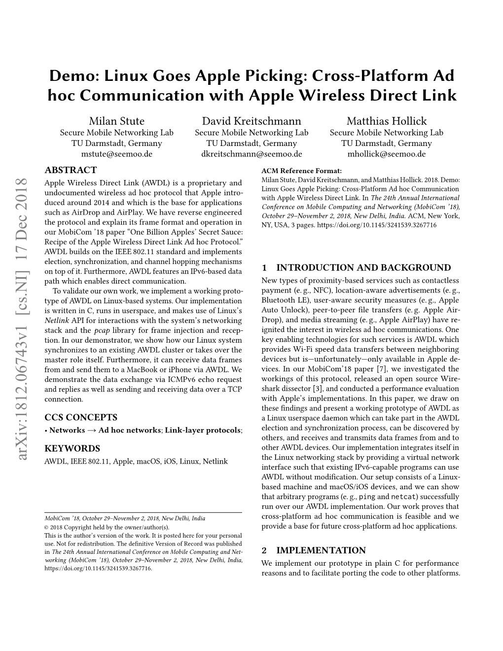 Cross-Platform Ad Hoc Communication with Apple Wireless Direct Link