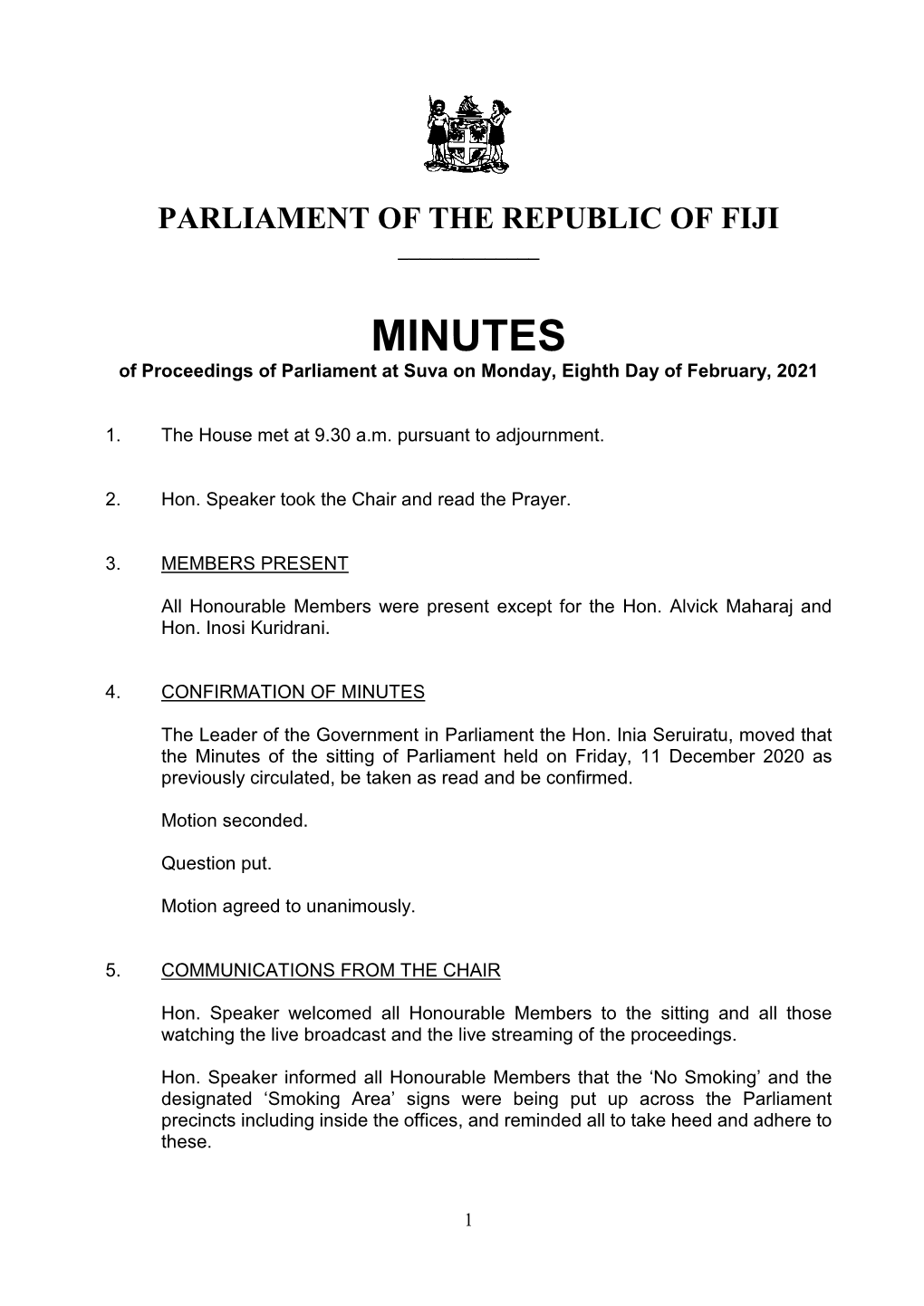 MINUTES of Proceedings of Parliament at Suva on Monday, Eighth Day of February, 2021