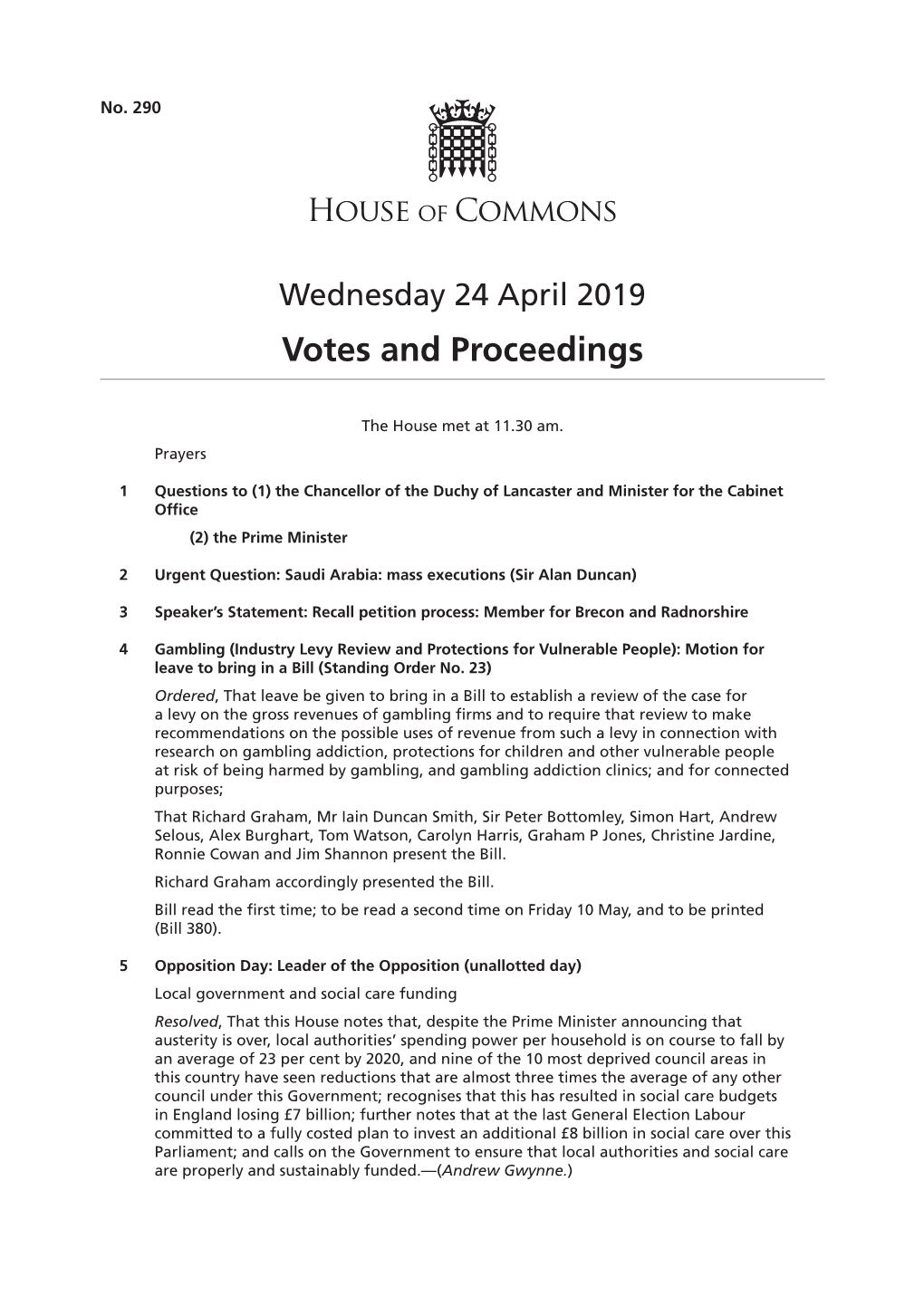 Votes and Proceedings for 24 Apr 2019