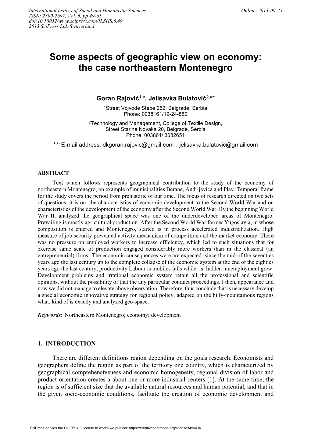 Some Aspects of Geographic View on Economy: the Case Northeastern Montenegro