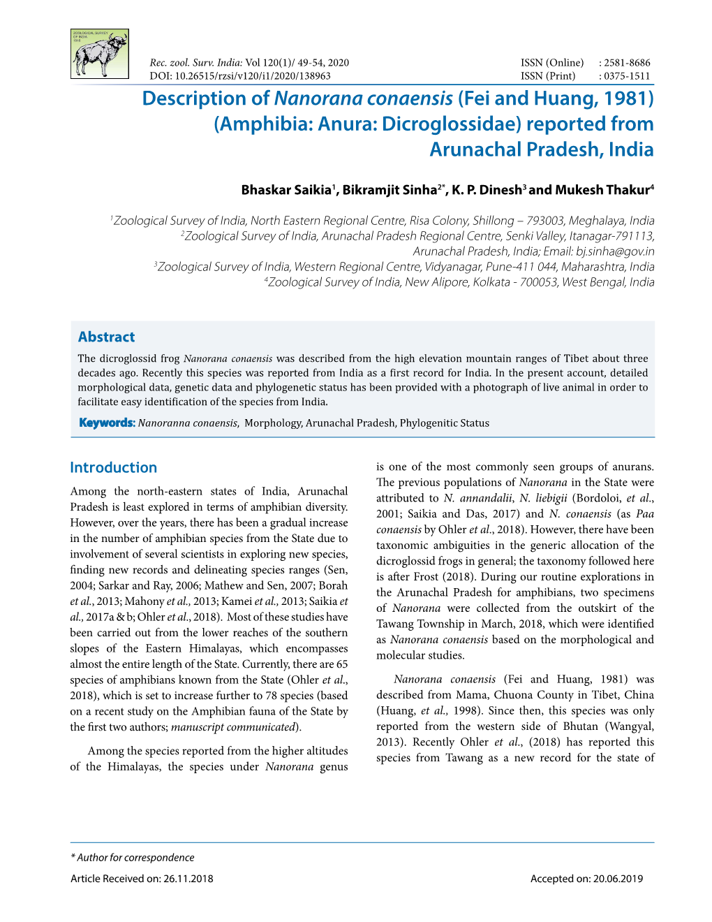 Description of Nanorana Conaensis (Fei and Huang, 1981) (Amphibia: Anura: Dicroglossidae) Reported from Arunachal Pradesh, India