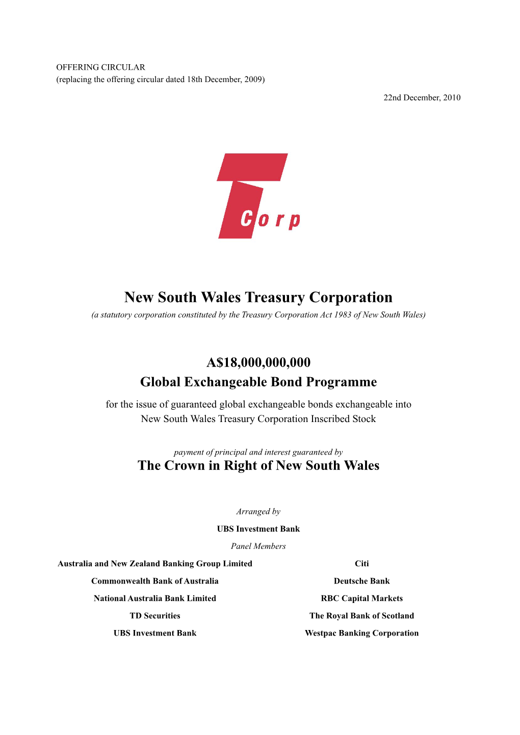 New South Wales Treasury Corporation (A Statutory Corporation Constituted by the Treasury Corporation Act 1983 of New South Wales)