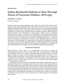 Indian Residential Schools As Seen Through House of Commons Debates, 1876-1951