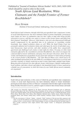 South African Land Restitution, White Claimants and the Fateful Frontier of Former Kwandebele*