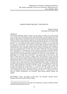 Shakespeare in Elysium: Romanian Afterlives the Annals of Ovidius University Constanța: Philology Series Vol. XXVII, 1/2016