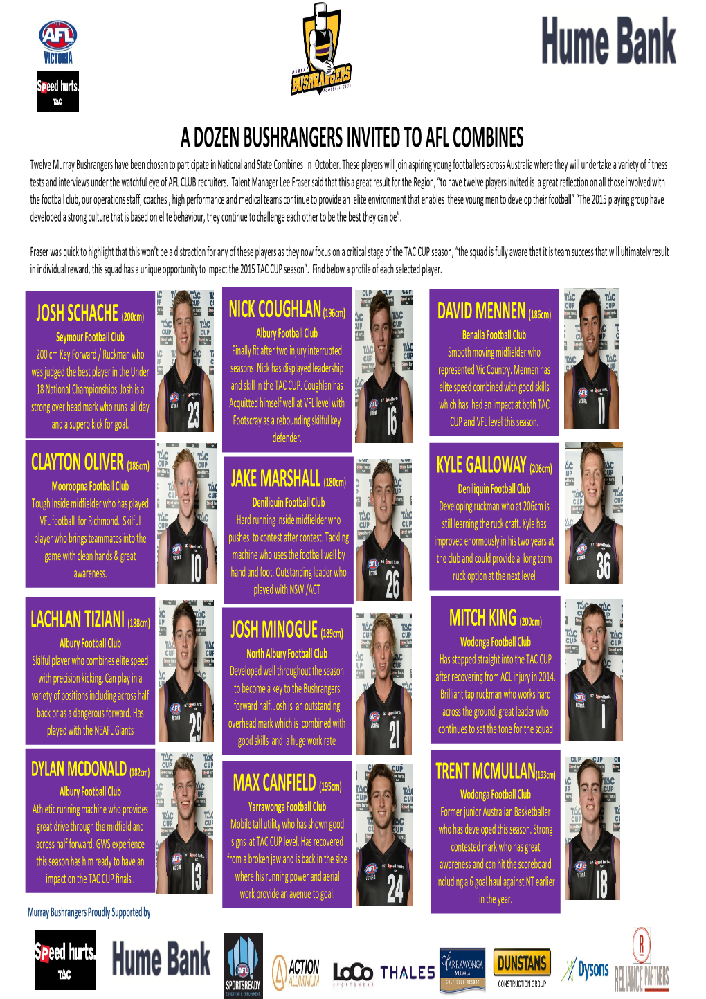 A DOZEN BUSHRANGERS INVITED to AFL COMBINES Twelve Murray Bushrangers Have Been Chosen to Participate in National and State Combines in October