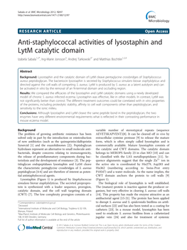 Anti-Staphylococcal Activities of Lysostaphin and Lytm Catalytic Domain Izabela Sabala1,2*, Ing-Marie Jonsson3, Andrej Tarkowski3ˆ and Matthias Bochtler1,2,4